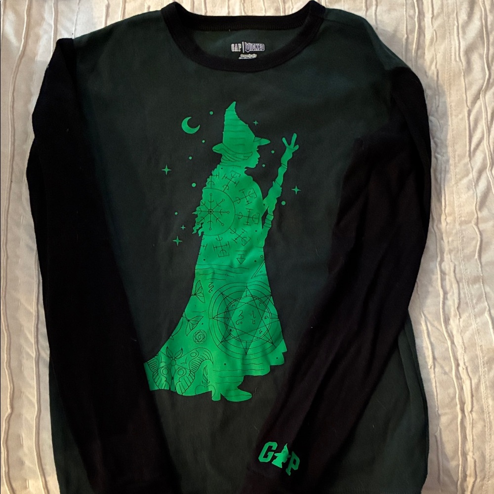 GAP x WICKED Black Long-Sleeve Tee with Bright Green Wizard Graphic
